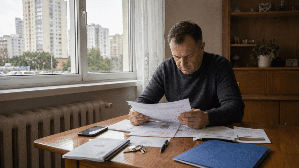 Właściciel mieszkania analizujący dokumenty przed sprzedażą nieruchomości z komornikiem
